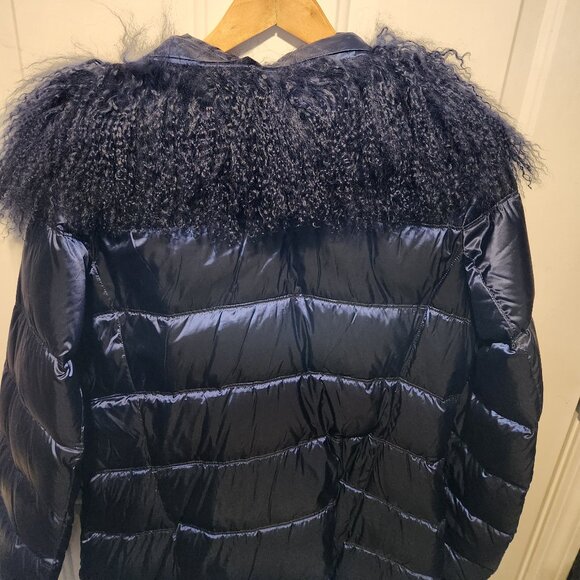 Mad Bomber Womens XL Navy Blue 3/4 Length Puffer Jacket Tibetan Lamb Trim - Picture 4 of 6